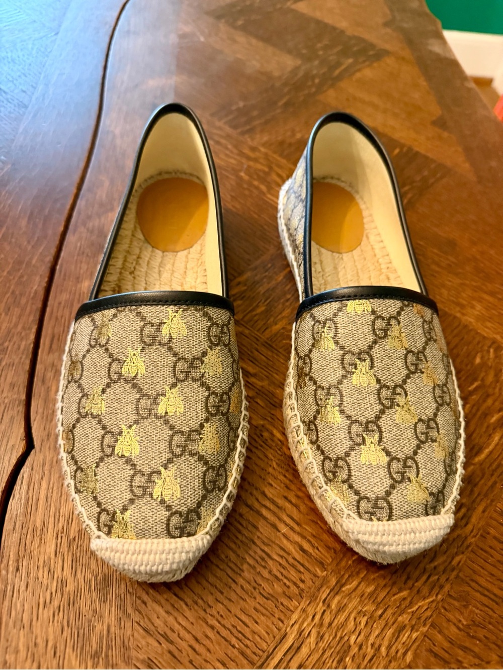 Gucci Beige Monogram Espadrilles with Gold Bees